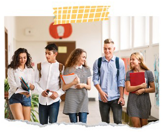 groupd of friends walking in hallway together and talking. 